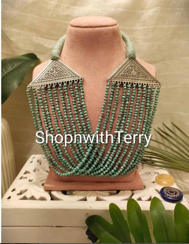 Multi-Strand Turquoise Beaded Necklace with Silver Triangle Accents