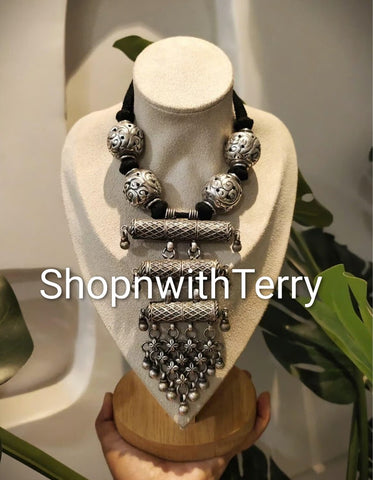 Large Silver Tribal Beaded Statement Necklace