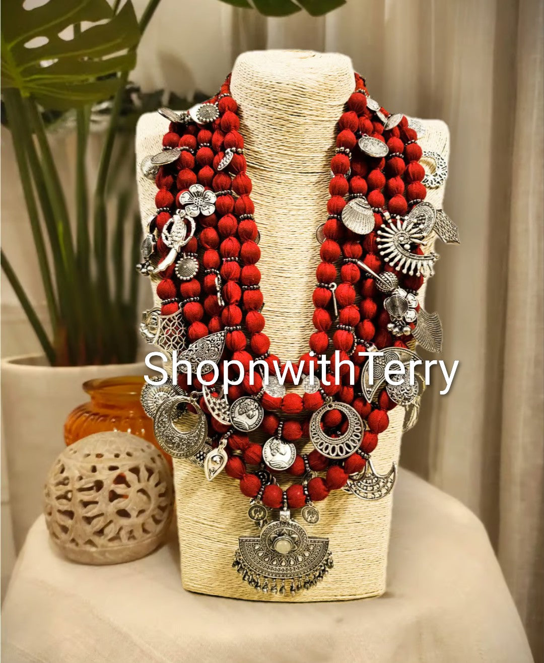 Red Fabric Multi Layered Strands Statement Necklace w/ Assorted Silver Charms