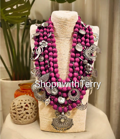 Multi Layered Fabric Strands Statement Necklace w/ Assorted Silver Charms