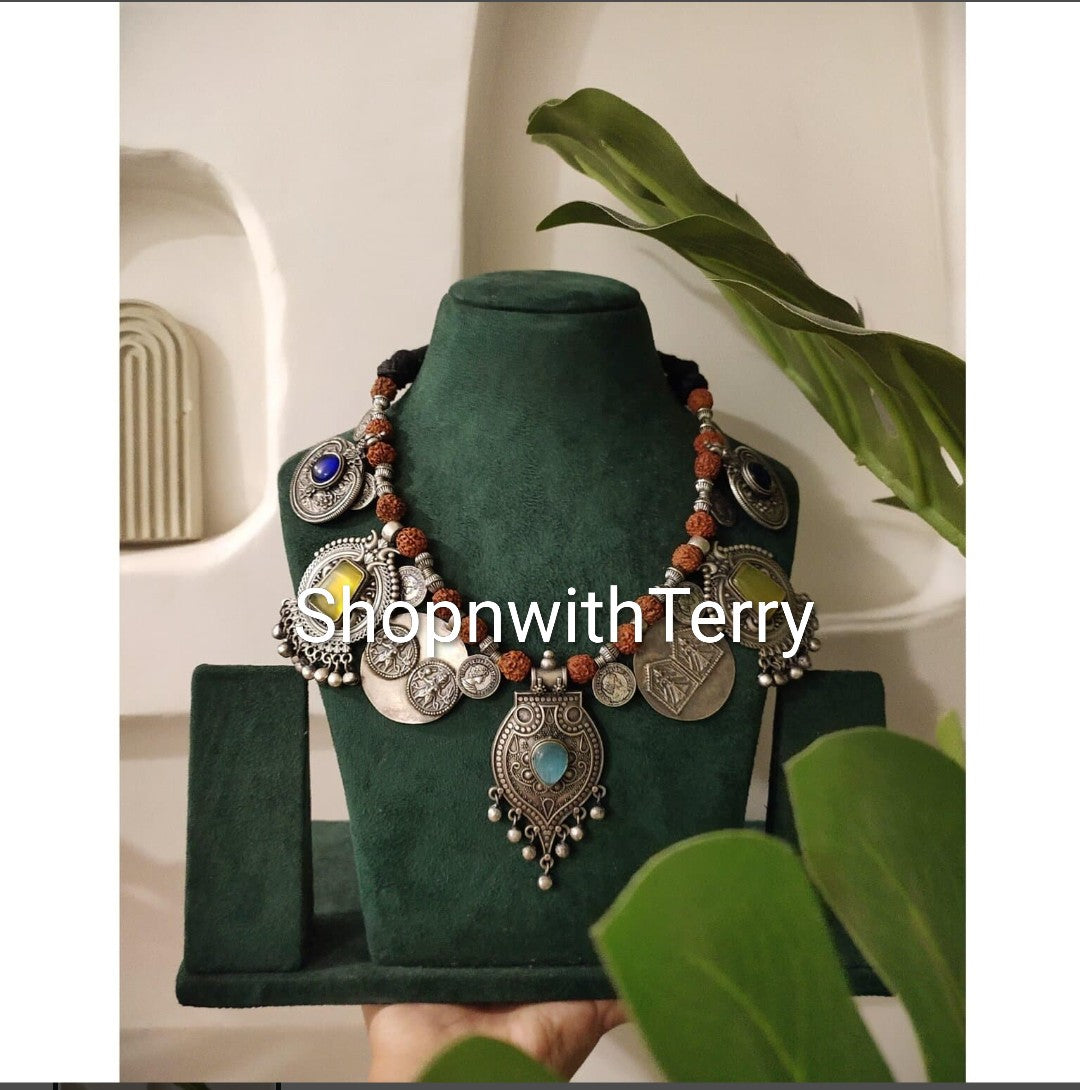 Large Statement Necklace w/ Stone-Studded Charms & Beads