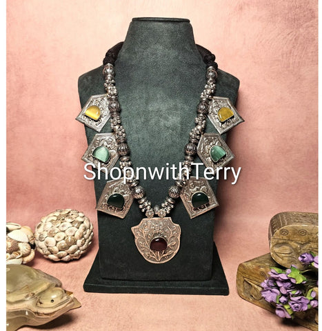Brass Statement Necklace w/ Vibrant Stone-Studded Charms Clusters