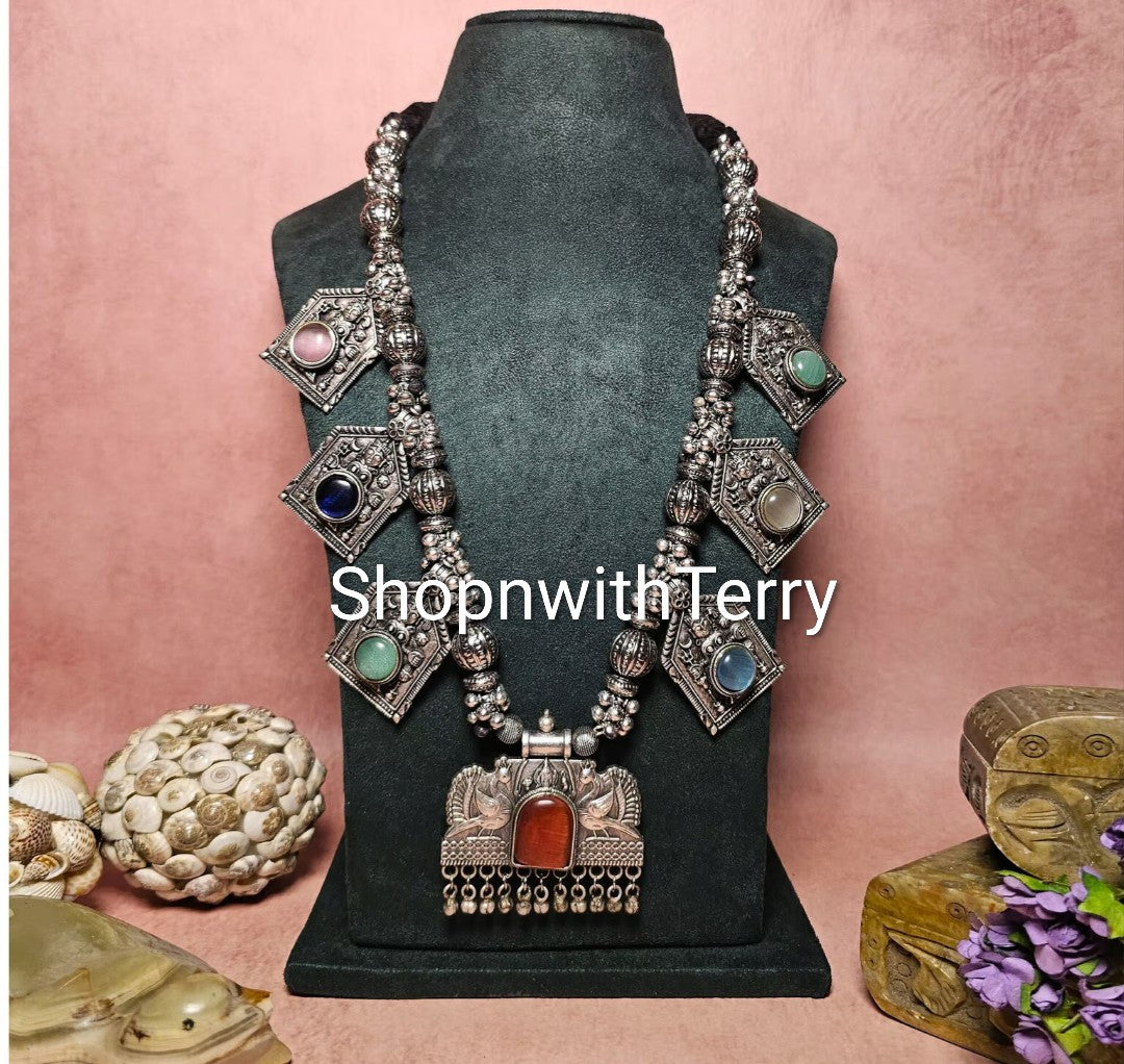 Brass Statement Necklace w/ Vibrant Square Stone-Studded Charms Clusters