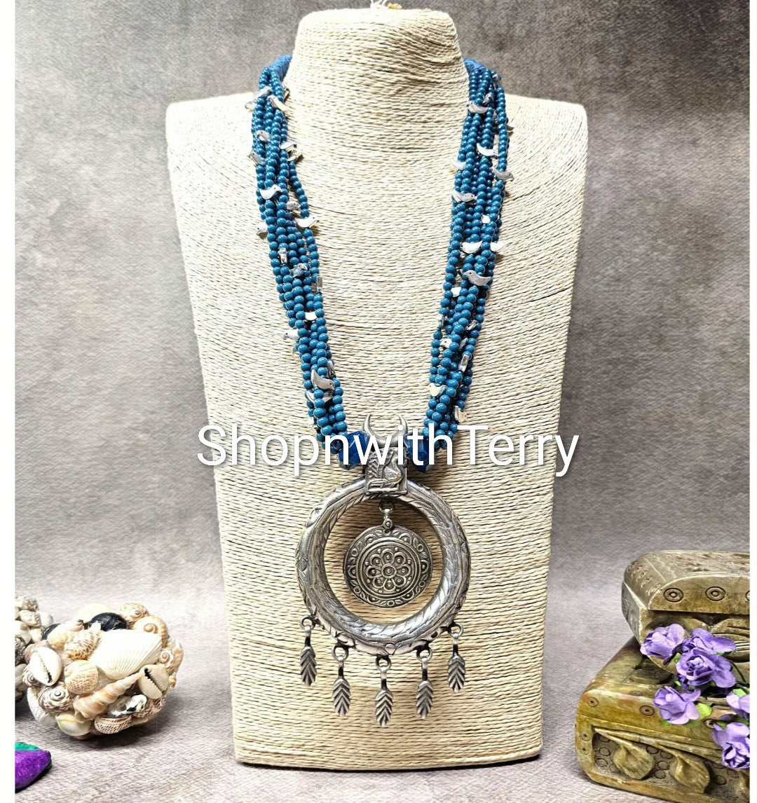 Crescent Moon Multiple Strands of Turquoise Beads