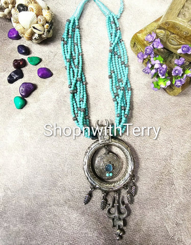 Crescent Moon Multiple Strands of Turquoise Beads - Light Blue