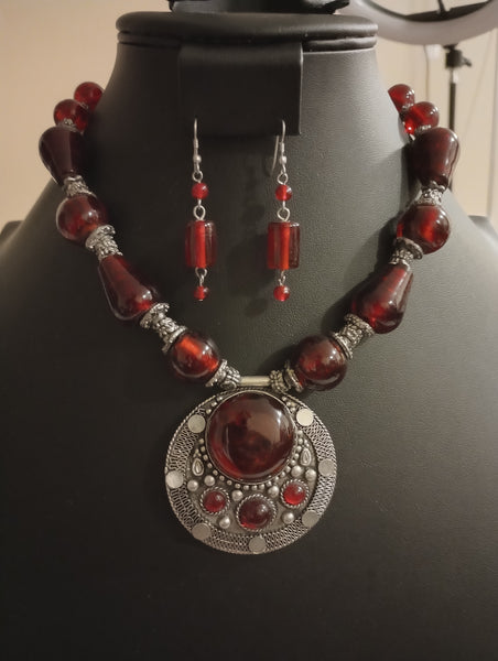 Red Lamp Bead Necklace Set