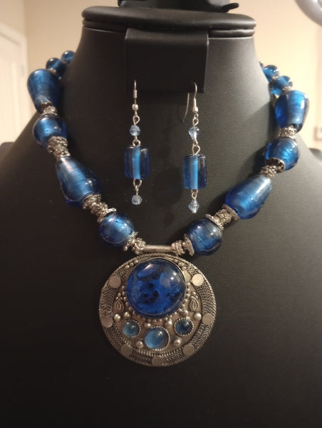 Blue Lamp Bead Necklace Set