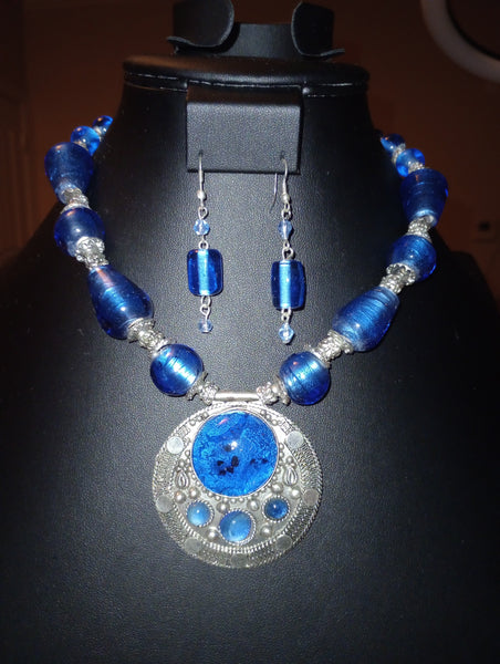 Blue Lamp Bead Necklace Set
