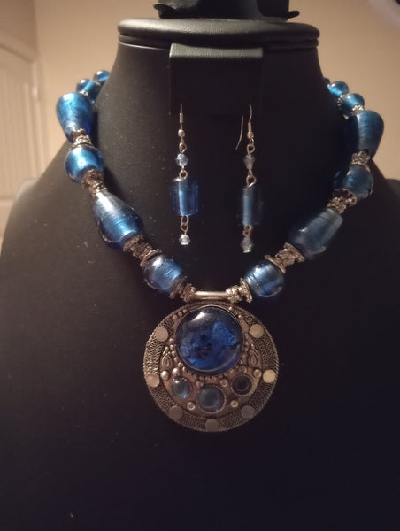 Blue Lamp Bead Necklace Set